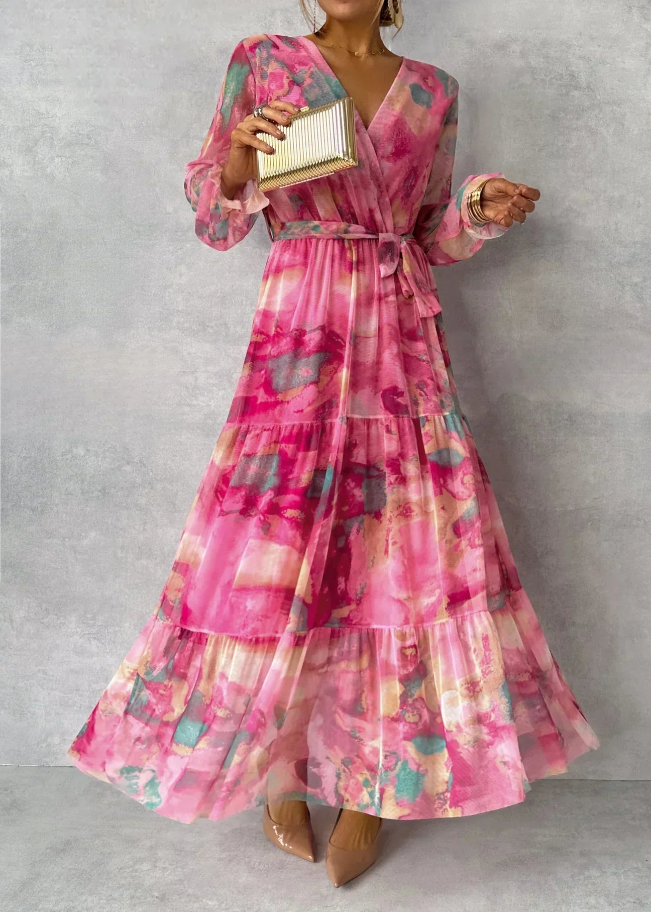Women's Floral Wrap Dress with Long Sleeves | Maxi