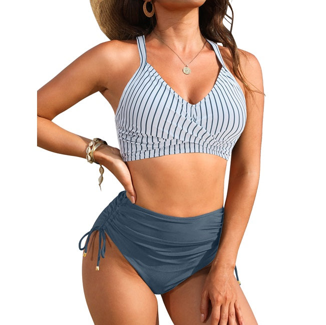 Crisscross Tie Back High Waisted Drawstring Tummy Control Bikini Sets