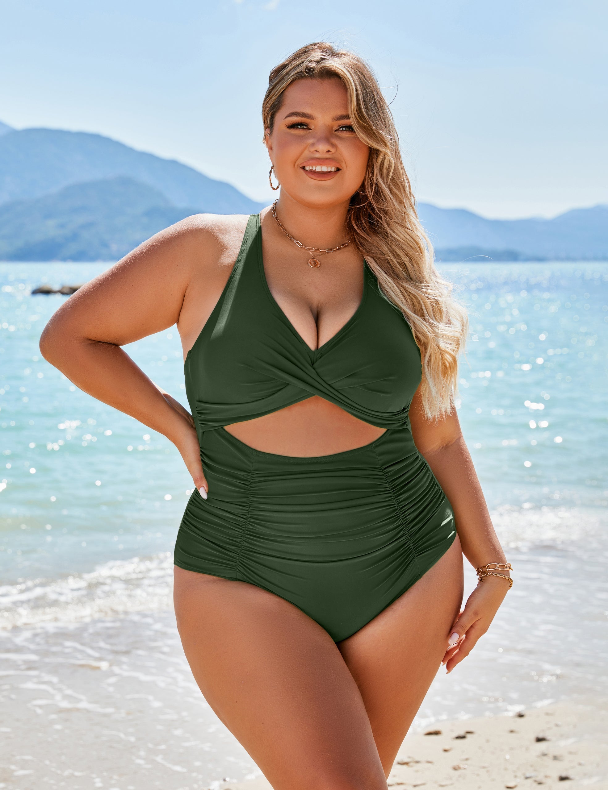 One Piece Push Up Tummy Control V Neck Cutout Modest Swimwear