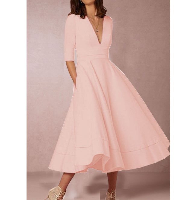Elegant Women's Midi Dress β A-Line, V-Neckline, Half-Length Sleeves