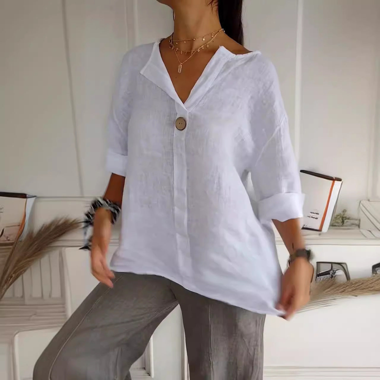Women's Blouse β Loose Fit, V-Neckline, 3/4 Sleeves with Button