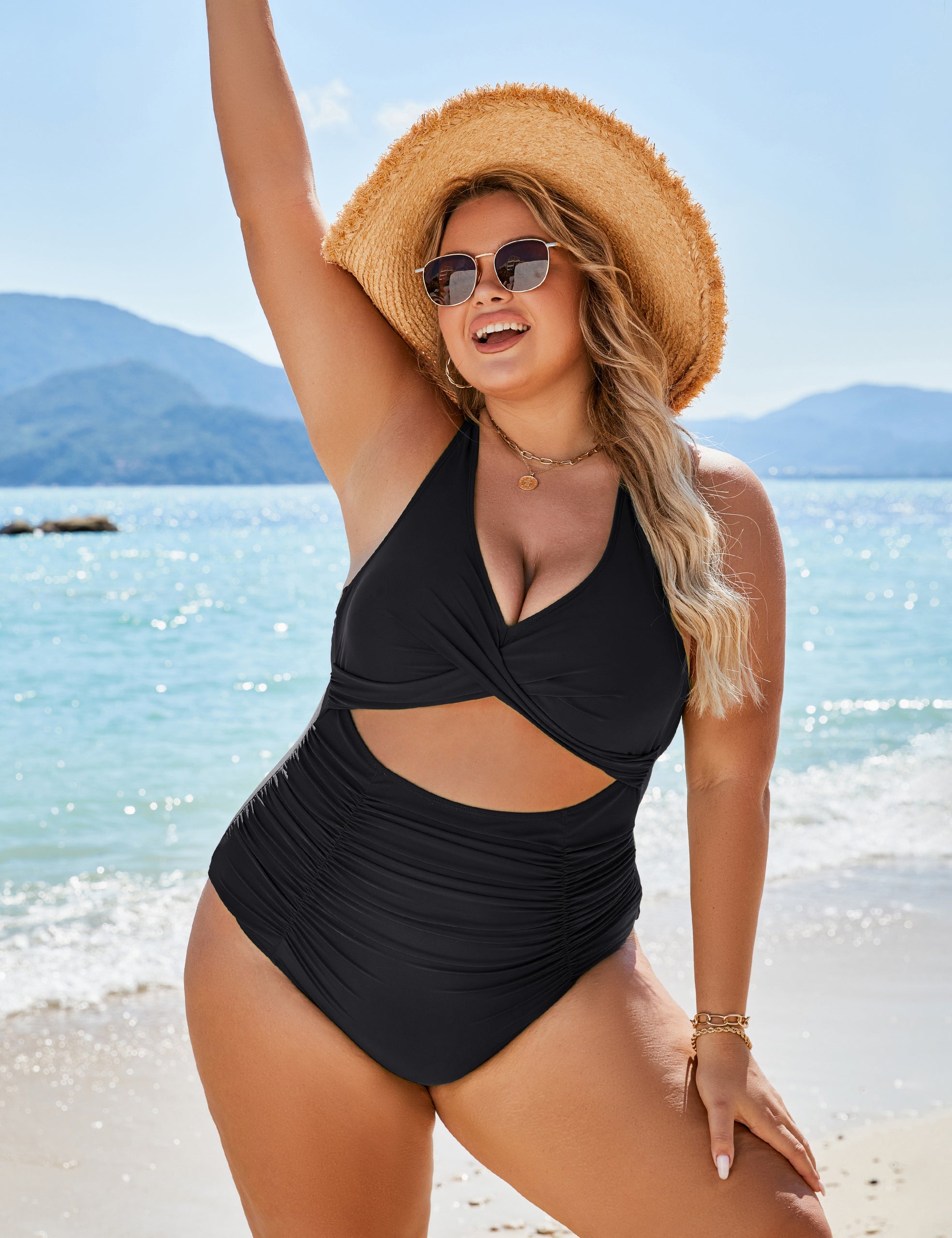 One Piece Push Up Tummy Control V Neck Cutout Modest Swimwear