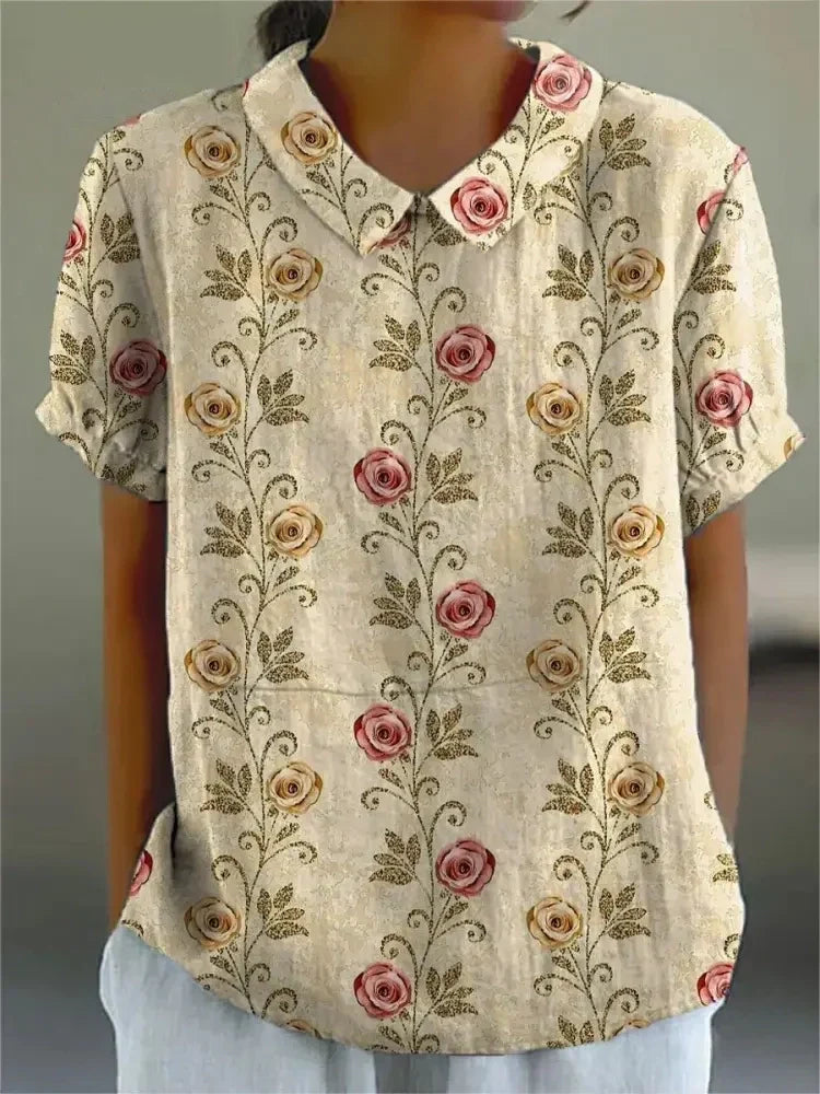 Women's Floral Blouse with Peter Pan Collar β Short Sleeve, Casual, Summer