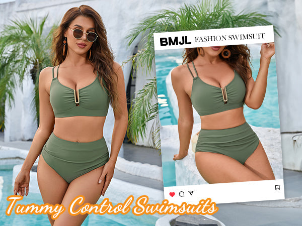 High Waisted Cutout Crisscross Modest Tummy Control Bikini Sets