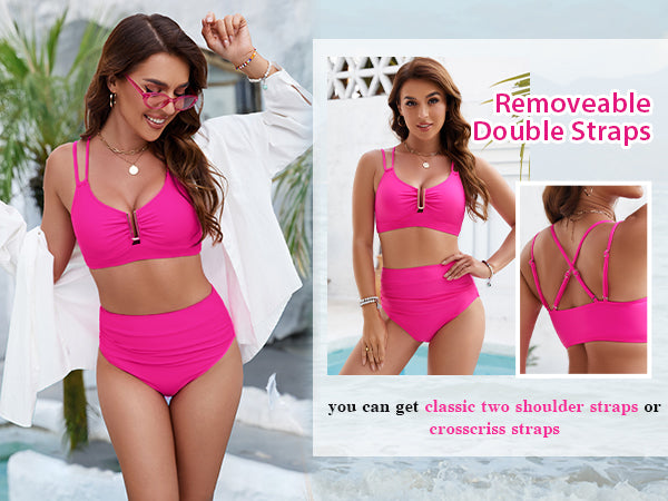 High Waisted Cutout Crisscross Modest Tummy Control Bikini Sets