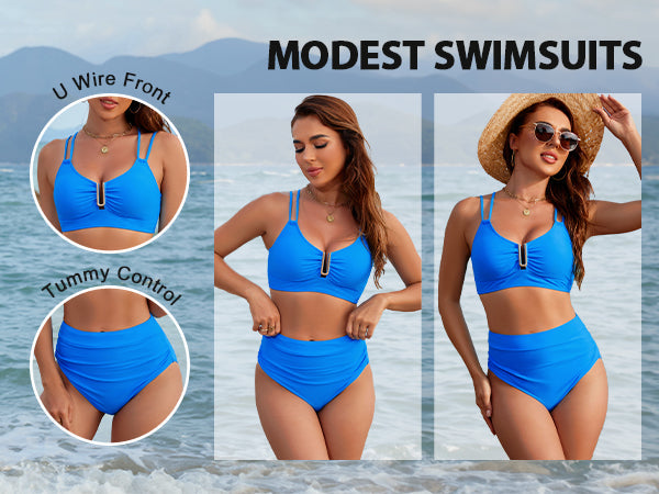 High Waisted Cutout Crisscross Modest Tummy Control Bikini Sets