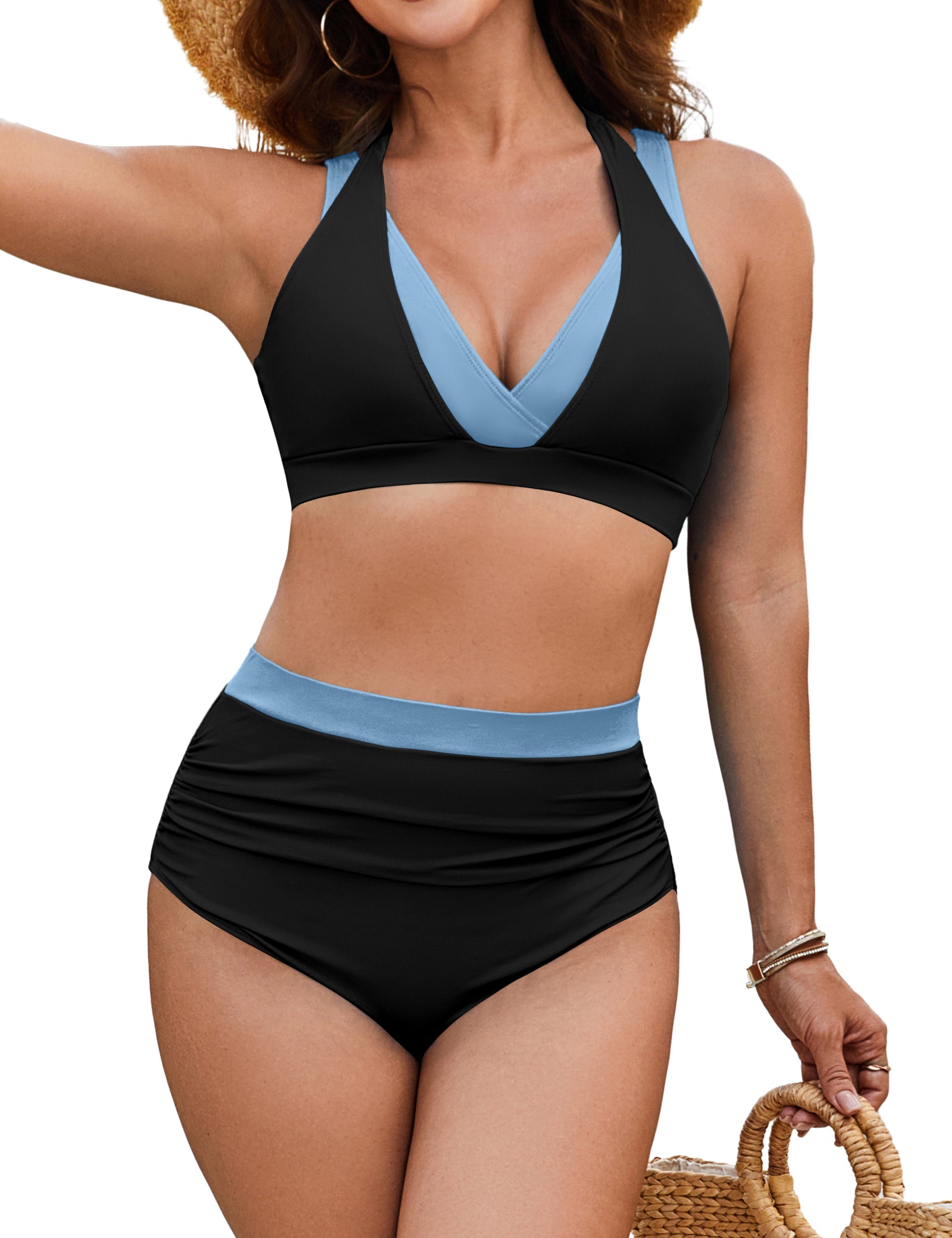 Color Block Modest High Waisted Tummy Control Bikini Sets