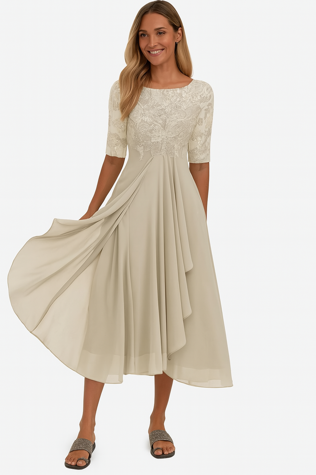 Elegant Women's Dress with Lace and Chiffon – Half Sleeve, Knee-Length, A-Line, Festive