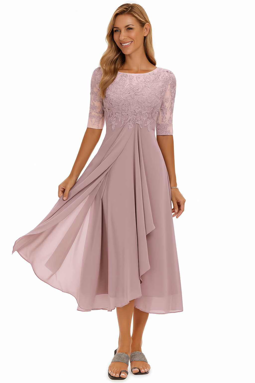 Elegant Women's Dress with Lace and Chiffon – Half Sleeve, Knee-Length, A-Line, Festive