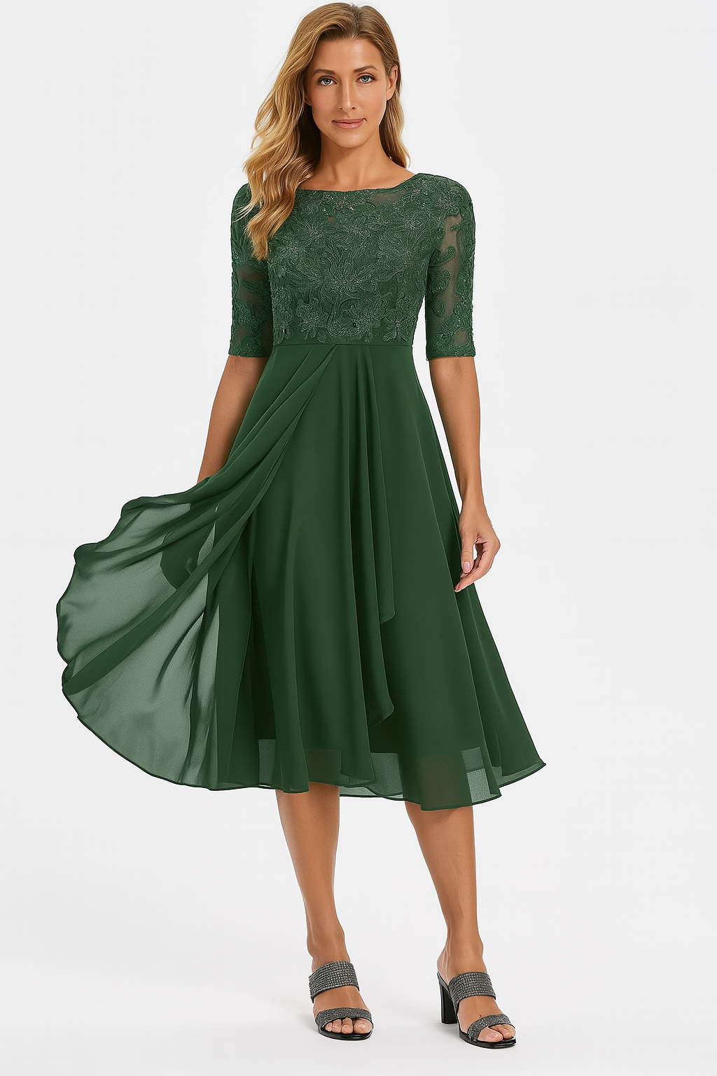 Elegant Women's Dress with Lace and Chiffon β Half Sleeve, Knee-Length, A-Line, Festive