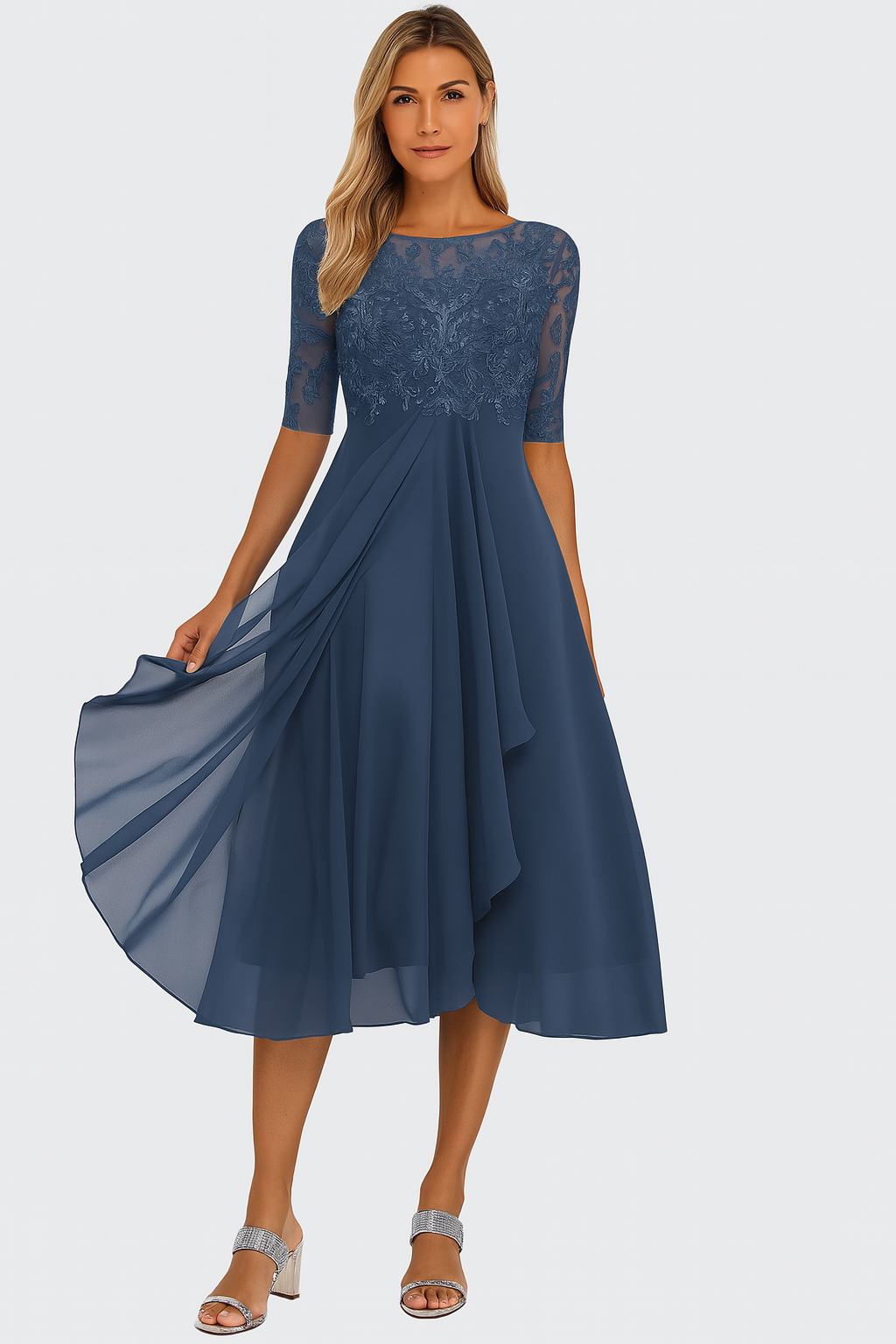 Elegant Women's Dress with Lace and Chiffon β Half Sleeve, Knee-Length, A-Line, Festive