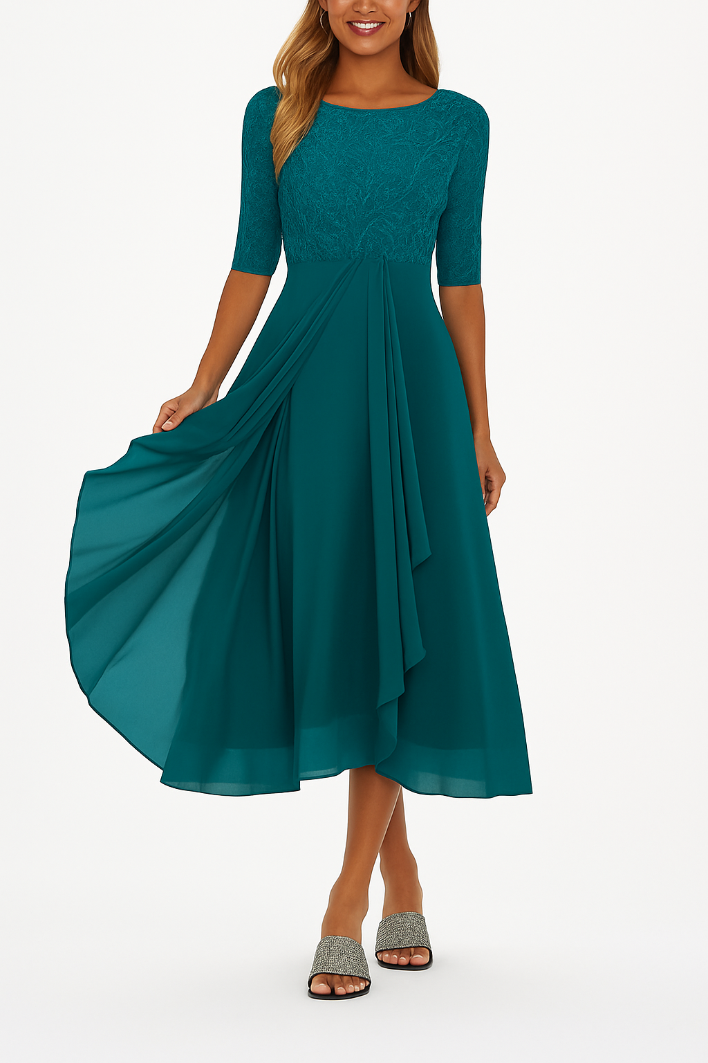 Elegant Women's Dress with Lace and Chiffon β Half Sleeve, Knee-Length, A-Line, Festive