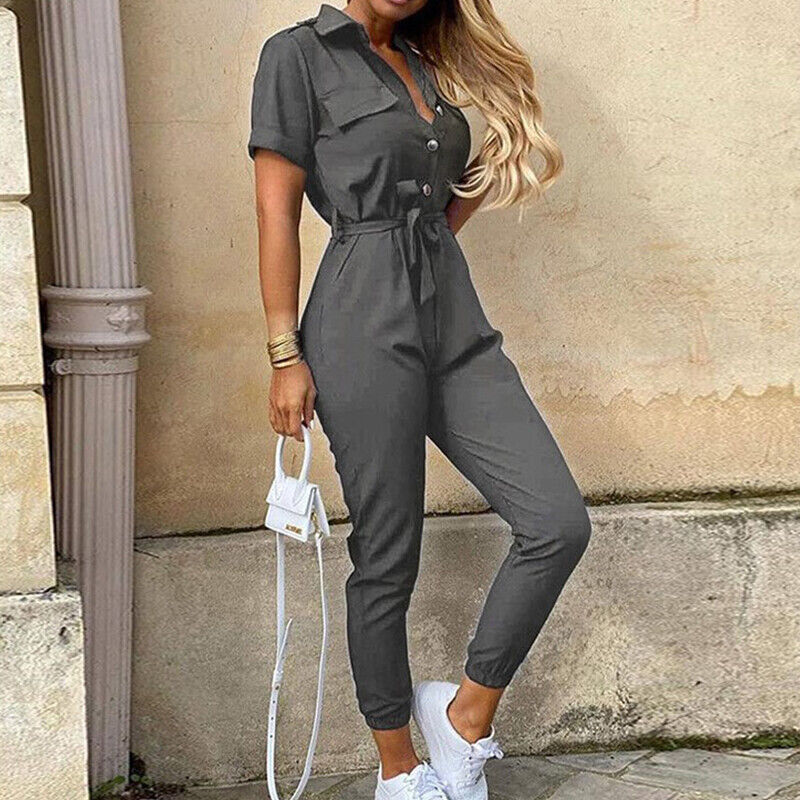 Reese | Lightweight Structured Fit Short Sleeve Jumpsuit With Button Closure
