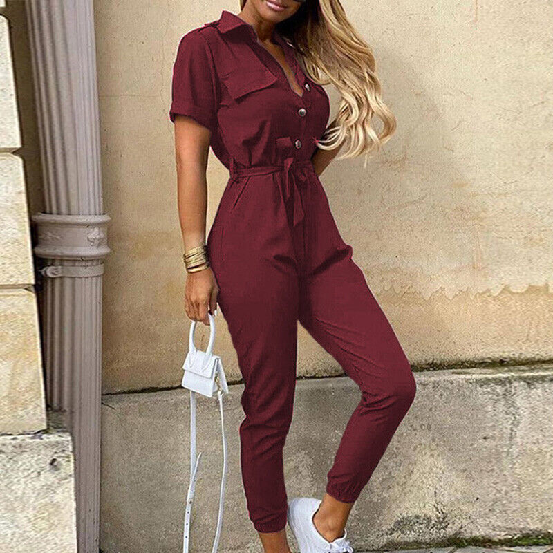Reese | Lightweight Structured Fit Short Sleeve Jumpsuit With Button Closure