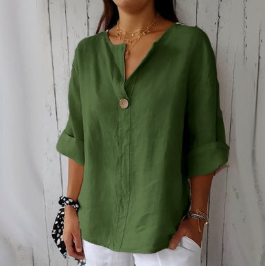 Women's Blouse β Loose Fit, V-Neckline, 3/4 Sleeves with Button