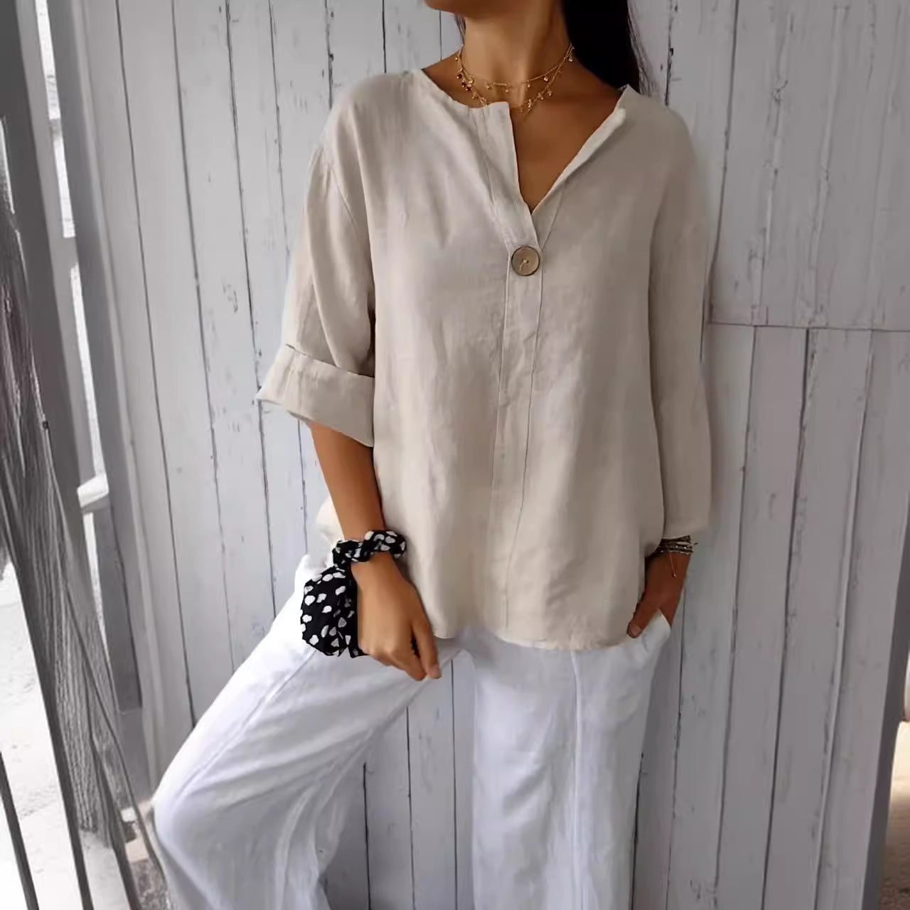 Women's Blouse β Loose Fit, V-Neckline, 3/4 Sleeves with Button