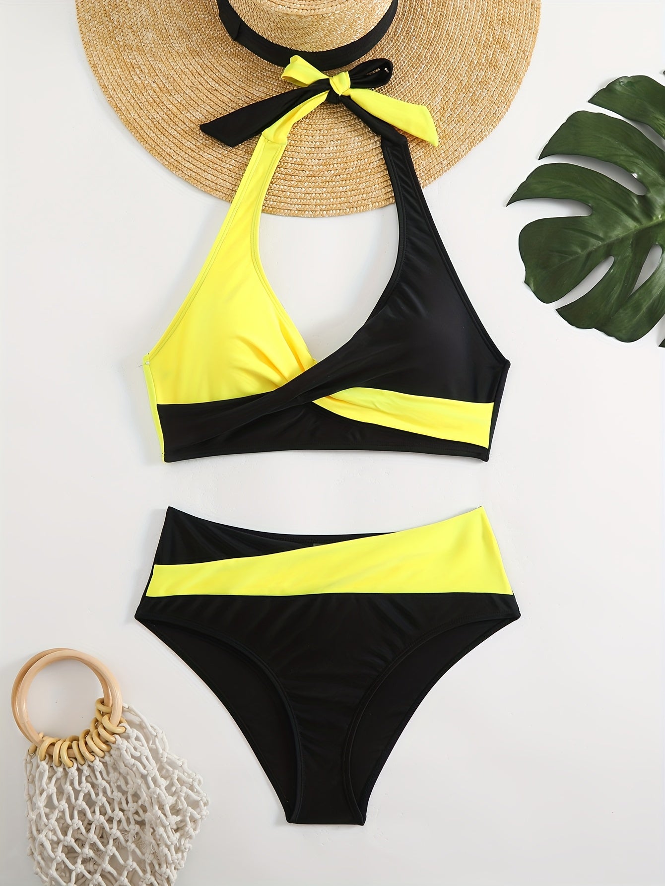 2025 New Two-Piece High-Waist Color Block Bikini Set for Women Bright Yellow