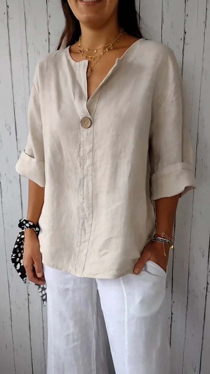 Women's Blouse – Loose Fit, V-Neckline, 3/4 Sleeves with Button