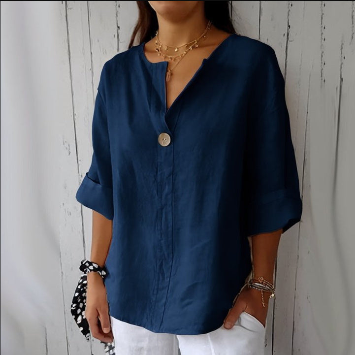 Women's Blouse – Loose Fit, V-Neckline, 3/4 Sleeves with Button