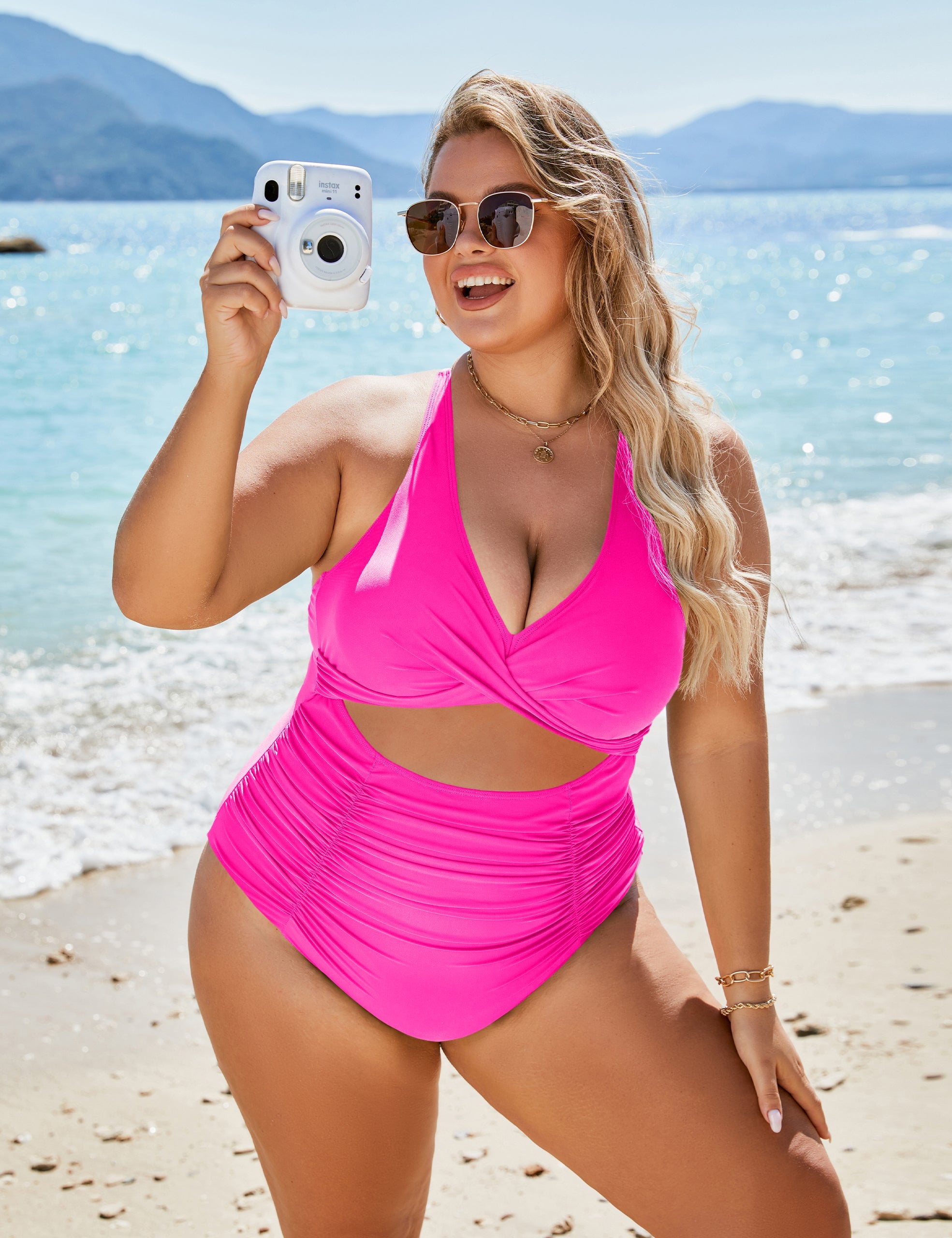 One Piece Push Up Tummy Control V Neck Cutout Modest Swimwear