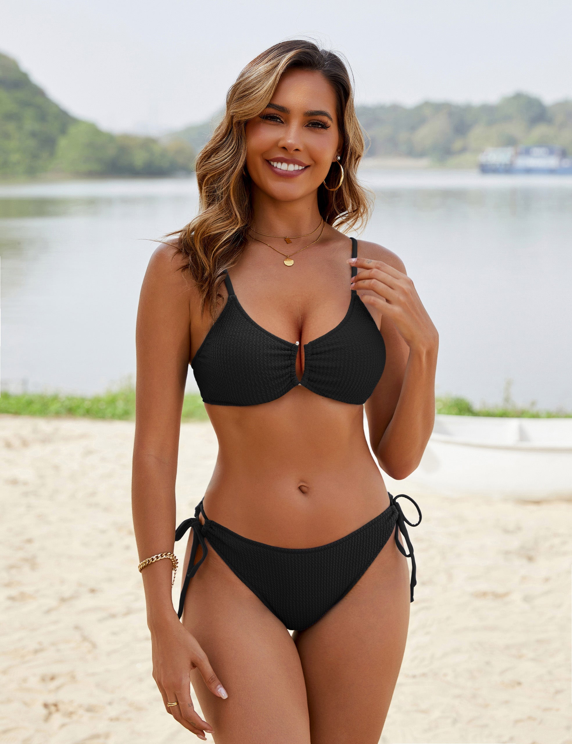 Womens Cheeky High Cut Color Block Textured U-Wire Sexy 2 Piece Bikini Sets