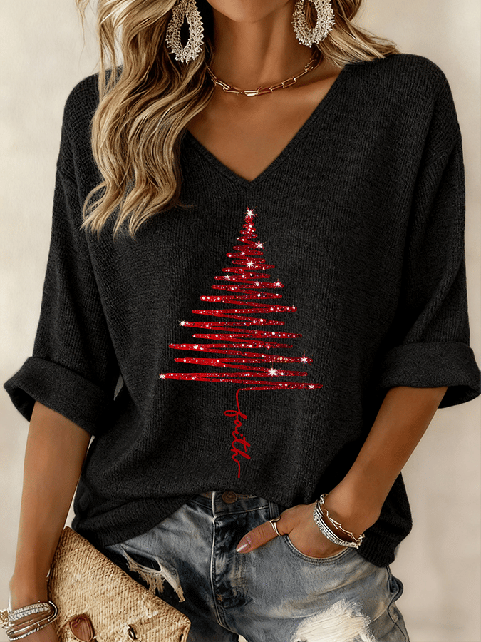 Festive Christmas Tree V-Neck Holiday T-Shirt