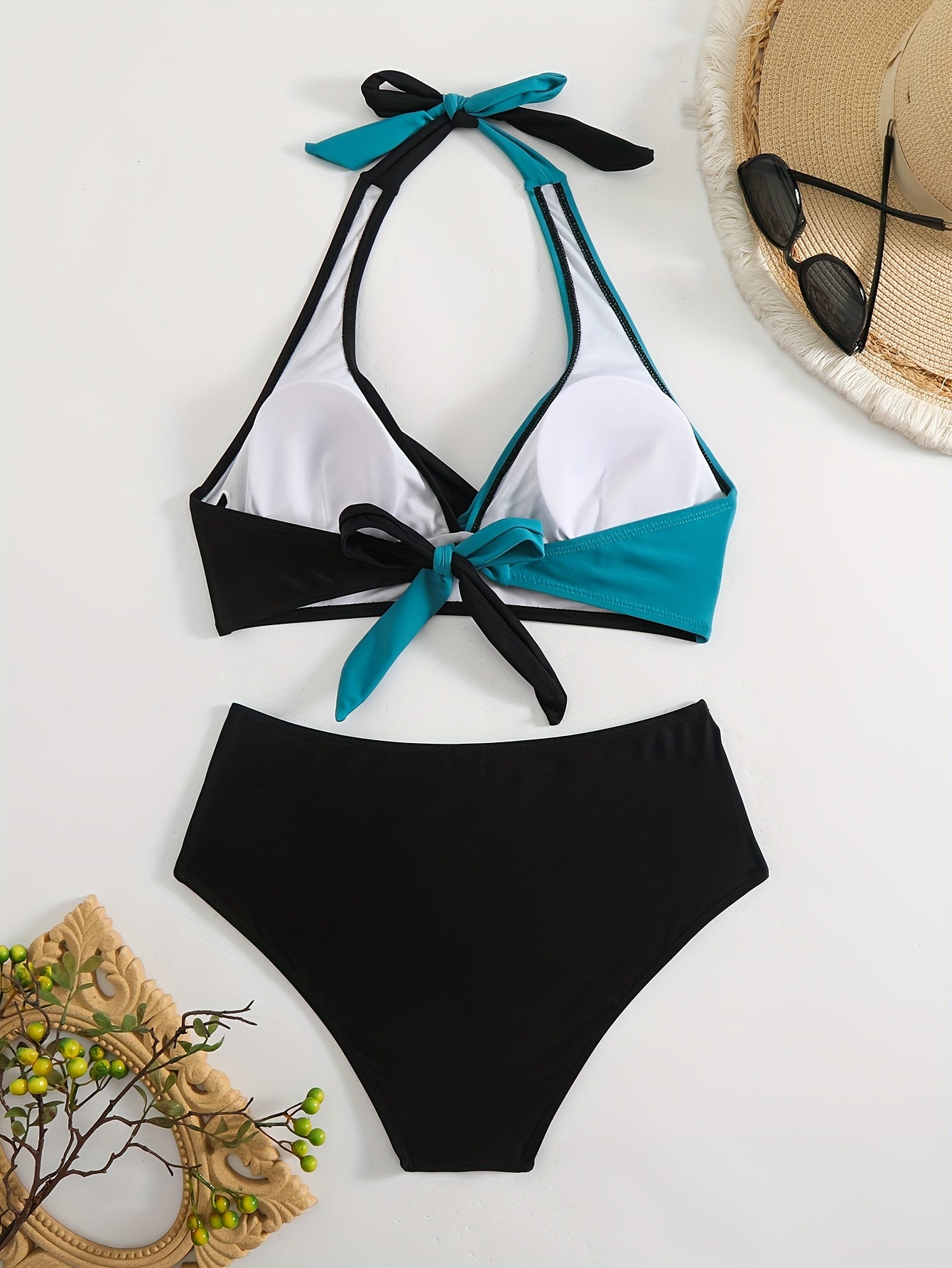 2025 New Two-Piece High-Waist Color Block Bikini Set for Women Peacock Blue