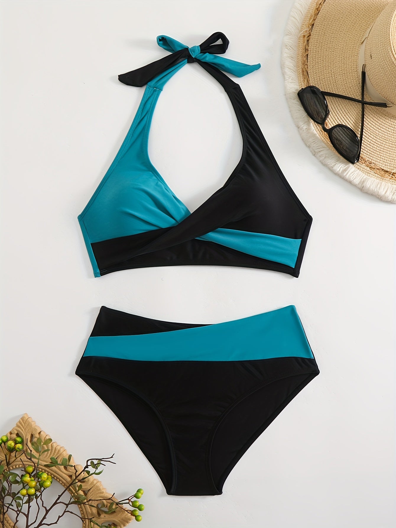 2025 New Two-Piece High-Waist Color Block Bikini Set for Women Peacock Blue