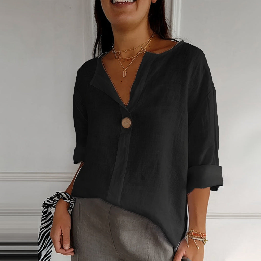 Women's Blouse – Loose Fit, V-Neckline, 3/4 Sleeves with Button