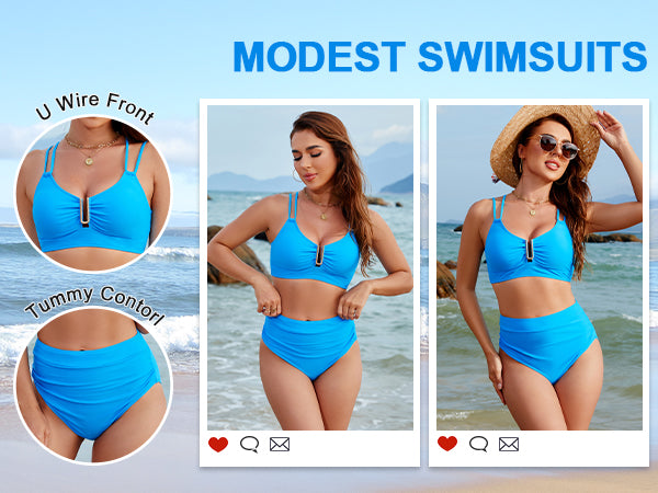 High Waisted Cutout Crisscross Modest Tummy Control Bikini Sets