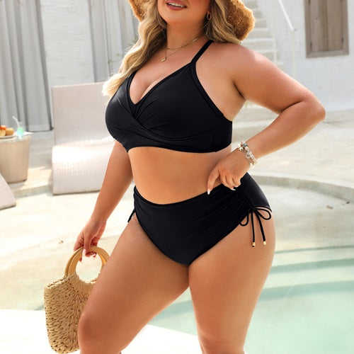 Crisscross Tie Back High Waisted  Drawstring Tummy Control Bikini Sets