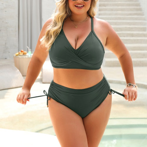 Crisscross Tie Back High Waisted  Drawstring Tummy Control Bikini Sets
