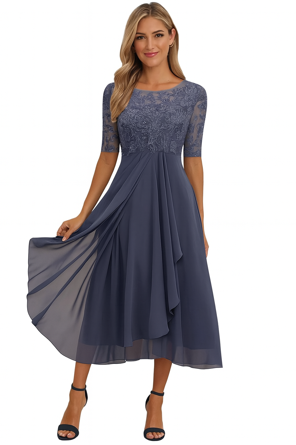 Elegant Women's Dress with Lace and Chiffon – Half Sleeve, Knee-Length, A-Line, Festive