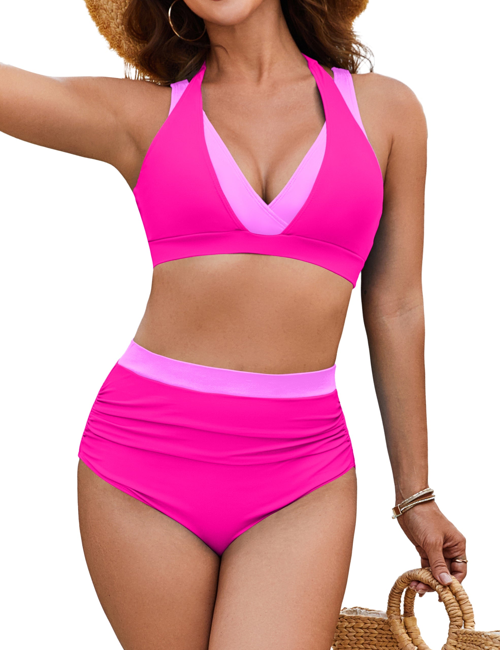Color Block Modest High Waisted Tummy Control Bikini Sets