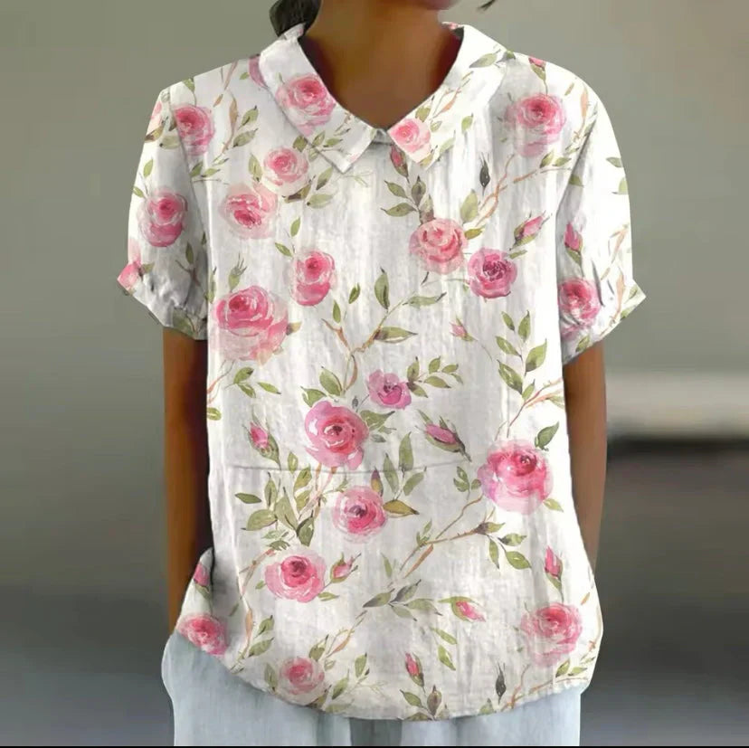 Women's Floral Blouse with Peter Pan Collar – Short Sleeve, Casual, Summer