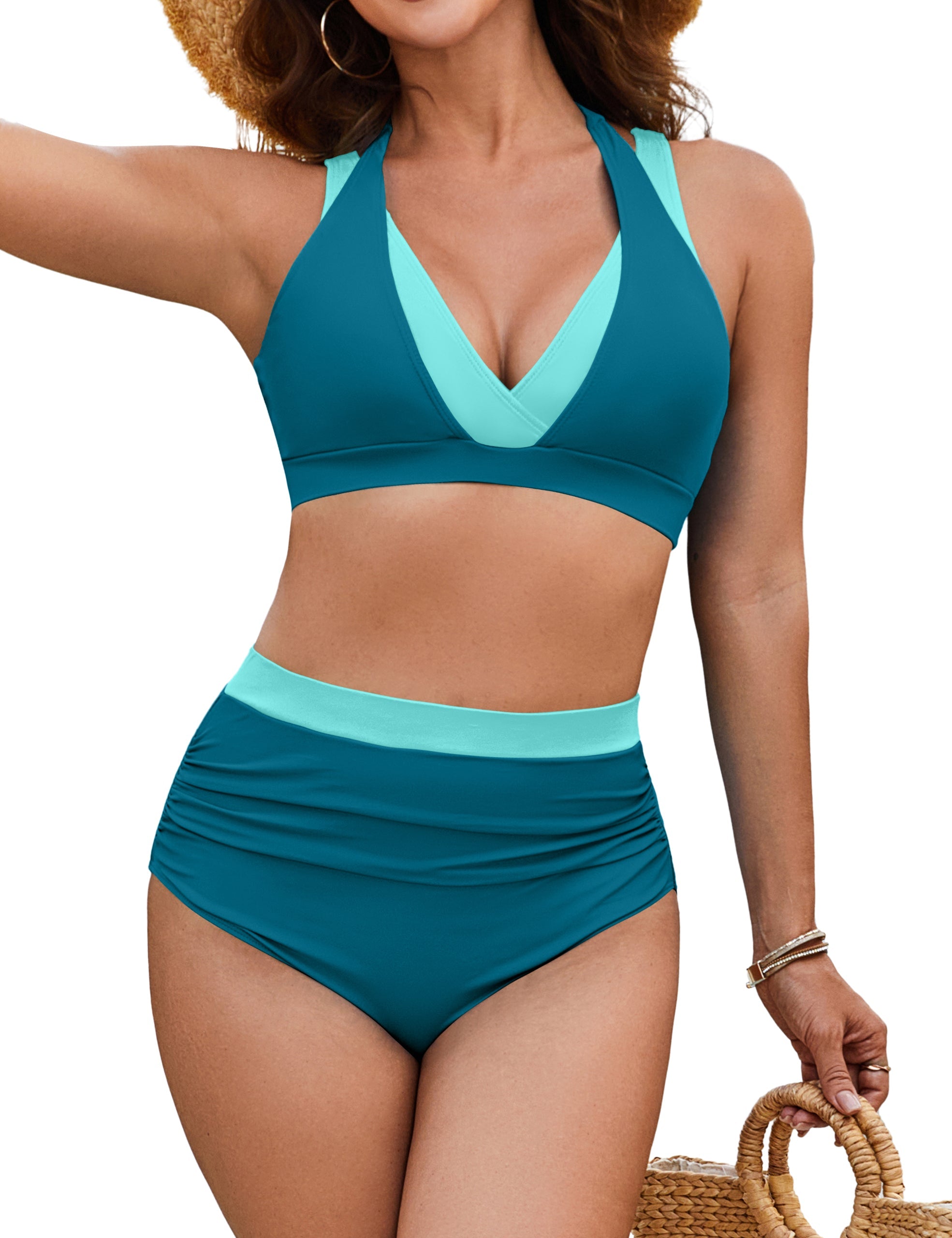 Color Block Modest High Waisted Tummy Control Bikini Sets