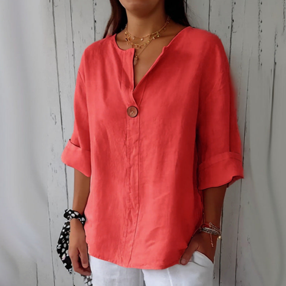 Women's Blouse – Loose Fit, V-Neckline, 3/4 Sleeves with Button