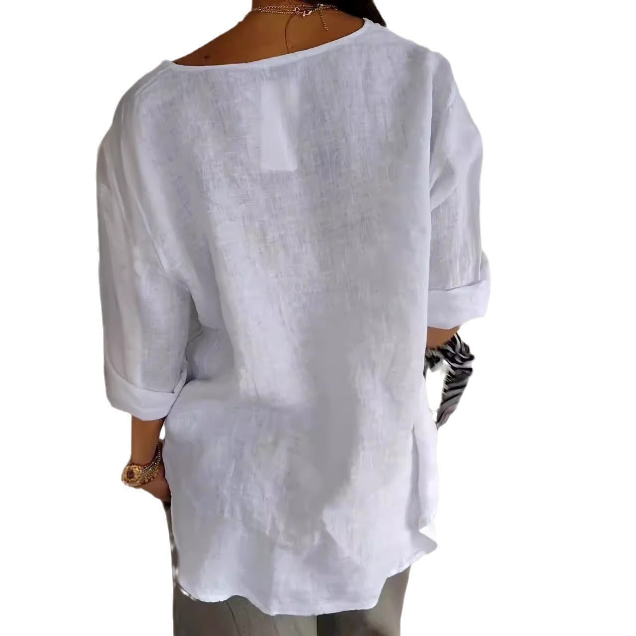 Women's Blouse – Loose Fit, V-Neckline, 3/4 Sleeves with Button